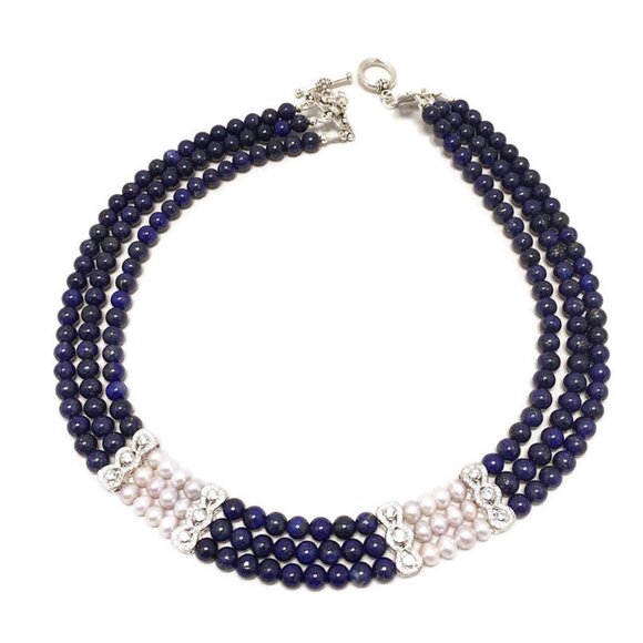 Three Strands Lapis  And Silver Pearl necklace - Picture 1 of 4